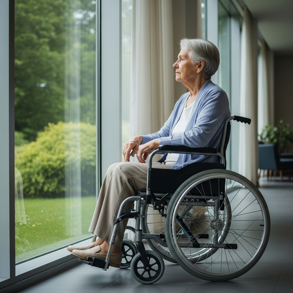 An elderly person sitting in a wheelchair by a window in a dimly lit hallway, looking out pensively at the garden outside.