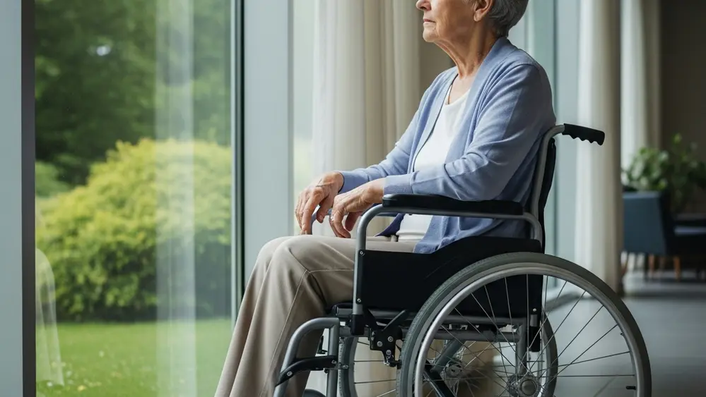An elderly person sitting in a wheelchair by a window in a dimly lit hallway, looking out pensively at the garden outside.