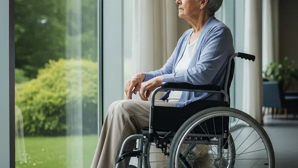 An elderly person sitting in a wheelchair by a window in a dimly lit hallway, looking out pensively at the garden outside.