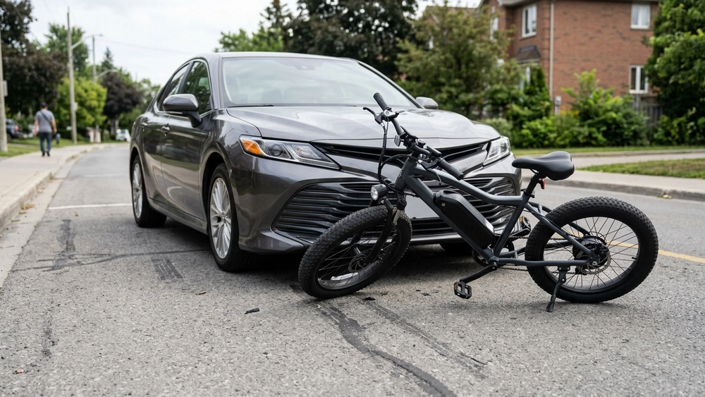 A fallen electric bicycle with a visible battery pack lies on its side on a paved road near the front bumper of a modern sedan.
