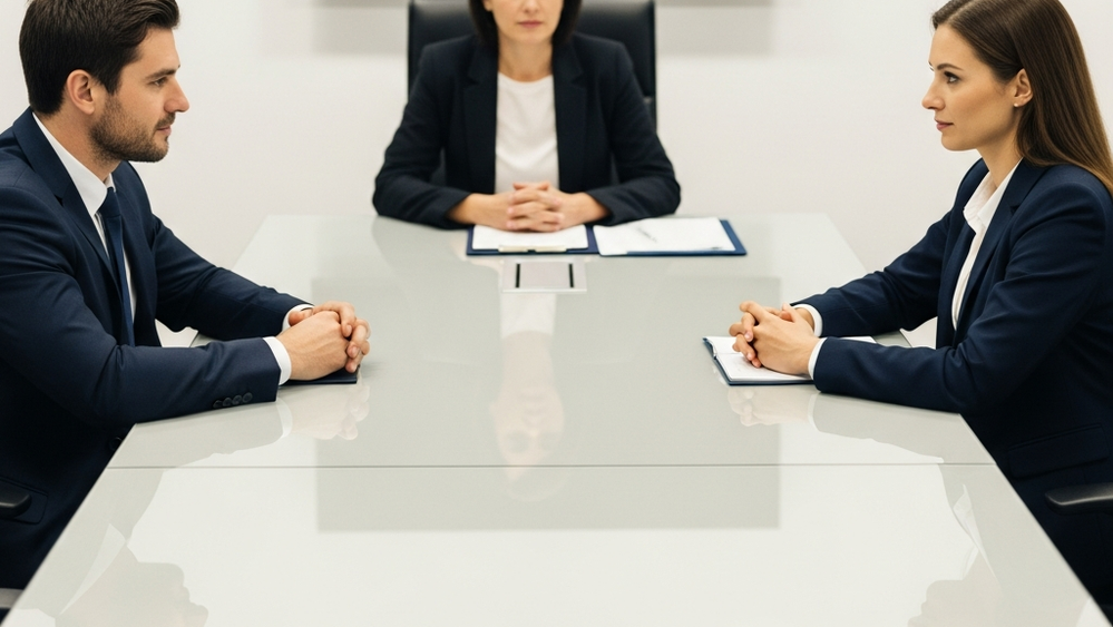 A professional conference room with two people sitting across from one another, a neutral third party at the head of the table, focusing on body language.