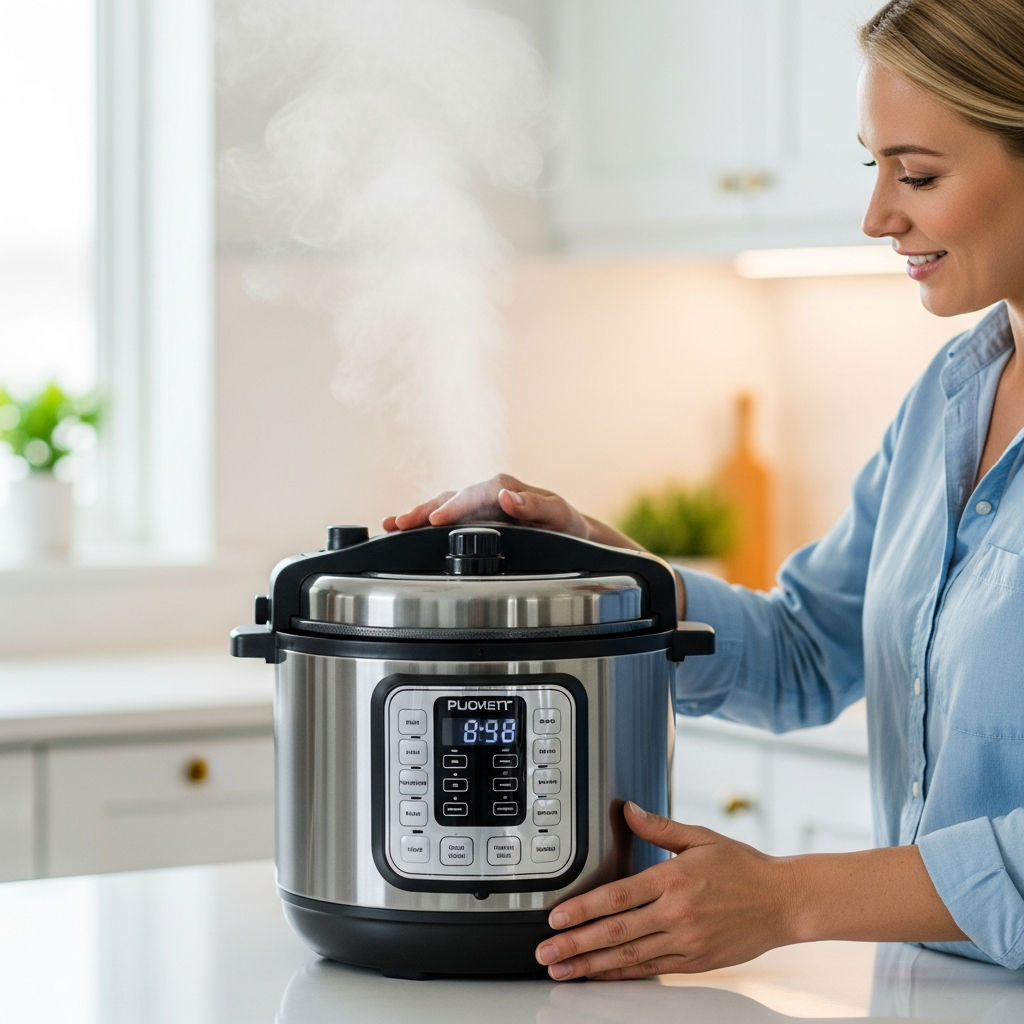 A modern electric pressure cooker sitting on a kitchen counter with steam rising from the top valve.