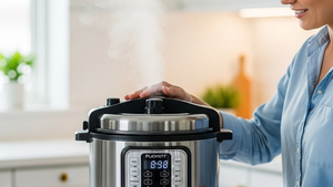 A modern electric pressure cooker sitting on a kitchen counter with steam rising from the top valve.