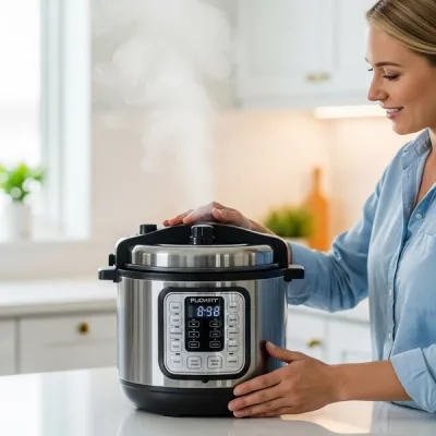 A modern electric pressure cooker sitting on a kitchen counter with steam rising from the top valve.