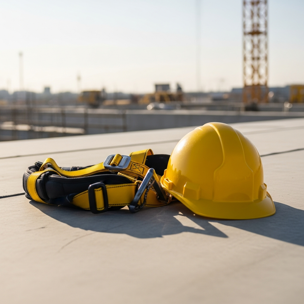 A safety harness and yellow hard hat sitting on a commercial roof at a construction site in the sun.