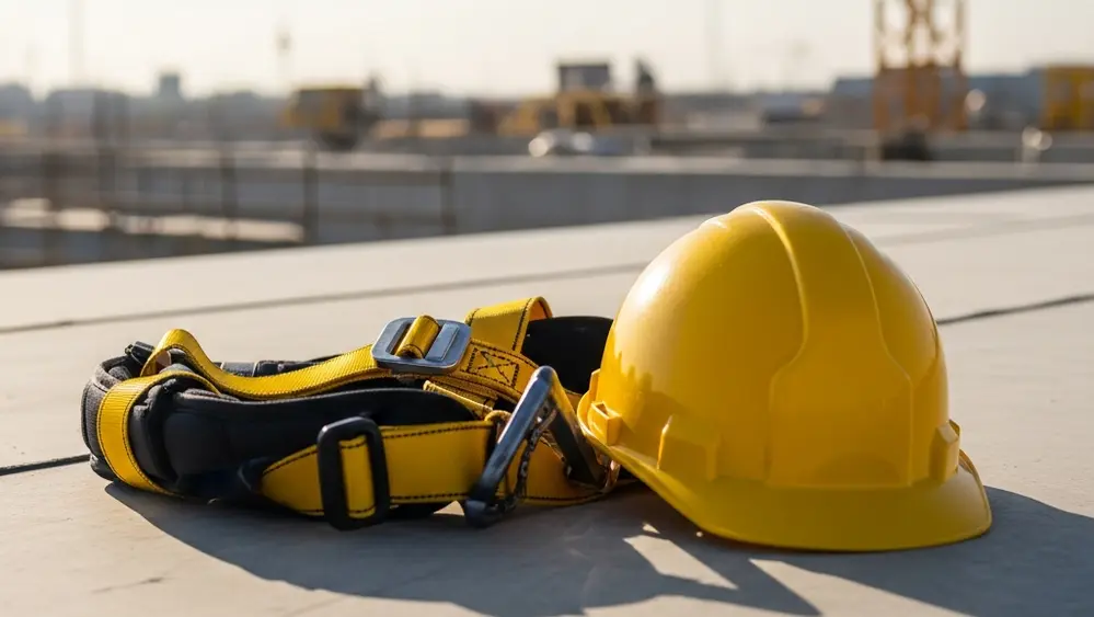 A safety harness and yellow hard hat sitting on a commercial roof at a construction site in the sun.