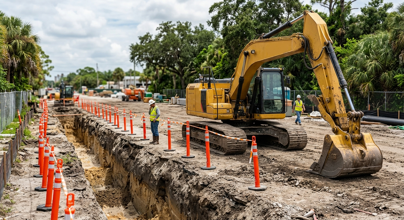 A large yellow excavator sits stationary next to a deep excavation trench on a Florida construction site with orange safety markers.