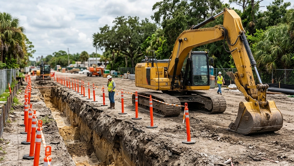 A large yellow excavator sits stationary next to a deep excavation trench on a Florida construction site with orange safety markers.