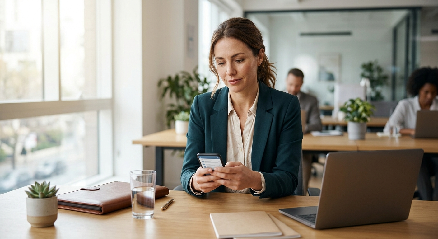 A person in professional business attire using a smartphone to scroll through job applications while sitting at a desk in a modern, sunlit office environment.