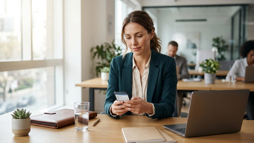 A person in professional business attire using a smartphone to scroll through job applications while sitting at a desk in a modern, sunlit office environment.