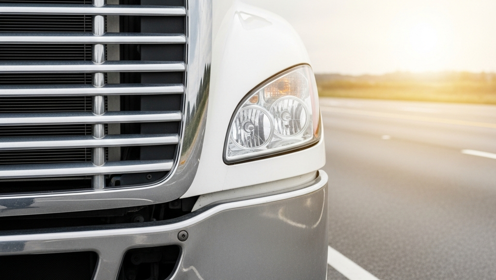 A close-up shot of a large commercial truck's front grill and headlights, with a blurred highway in the background, conveying power and the potential for serious accidents.