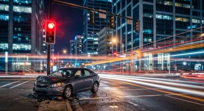A high-speed city intersection at night with blurred traffic lights and a heavily damaged car near a red signal light.