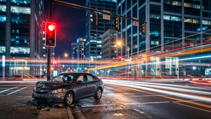 A high-speed city intersection at night with blurred traffic lights and a heavily damaged car near a red signal light.