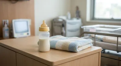 A generic infant formula bottle sitting on a hospital bedside table next to a soft baby blanket in a brightly lit neonatal room.