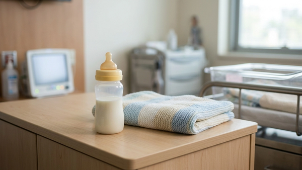 A generic infant formula bottle sitting on a hospital bedside table next to a soft baby blanket in a brightly lit neonatal room.