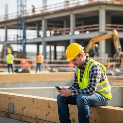 A construction worker in a yellow safety vest sitting on a wooden beam, looking at a mobile phone during a break at a large building site.