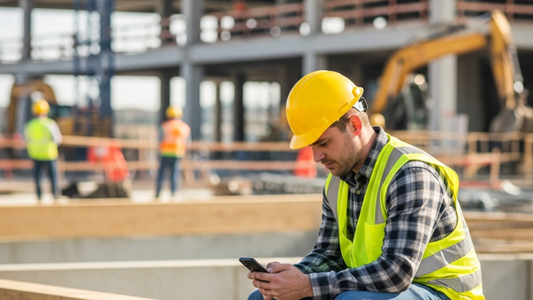 A construction worker in a yellow safety vest sitting on a wooden beam, looking at a mobile phone during a break at a large building site.