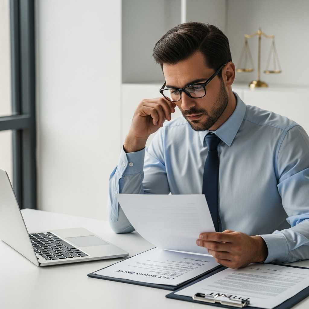 A business owner sitting at a modern desk looking concerned while reviewing a legal demand letter next to a laptop and a patent document.