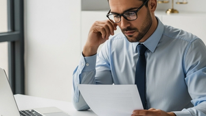 A business owner sitting at a modern desk looking concerned while reviewing a legal demand letter next to a laptop and a patent document.