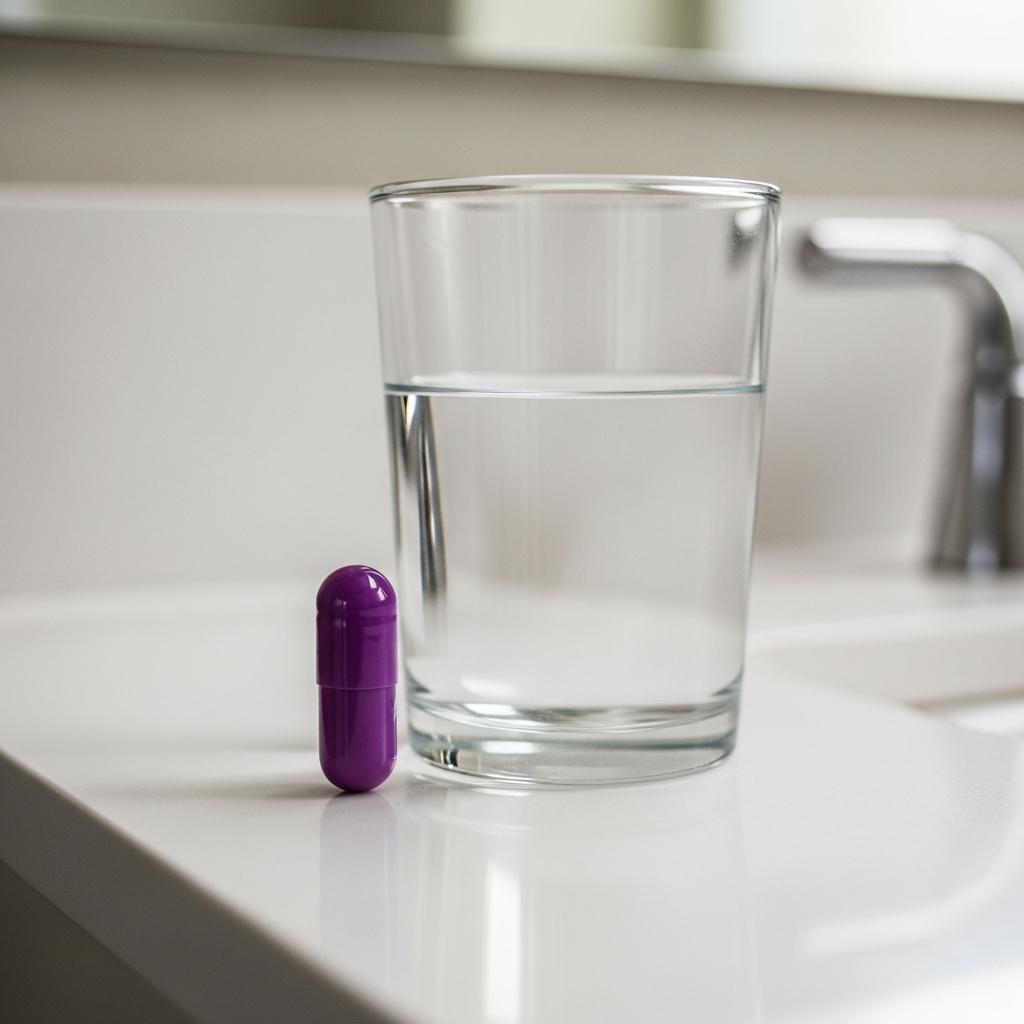 A purple capsule of Nexium medication resting on a bathroom counter next to a glass of water, with soft lighting and no text visible.
