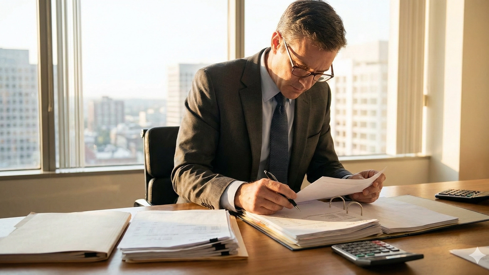 A focused legal professional sitting at a desk with a calculator and a stack of pay stubs, reviewing financial documents in a sunlit office.