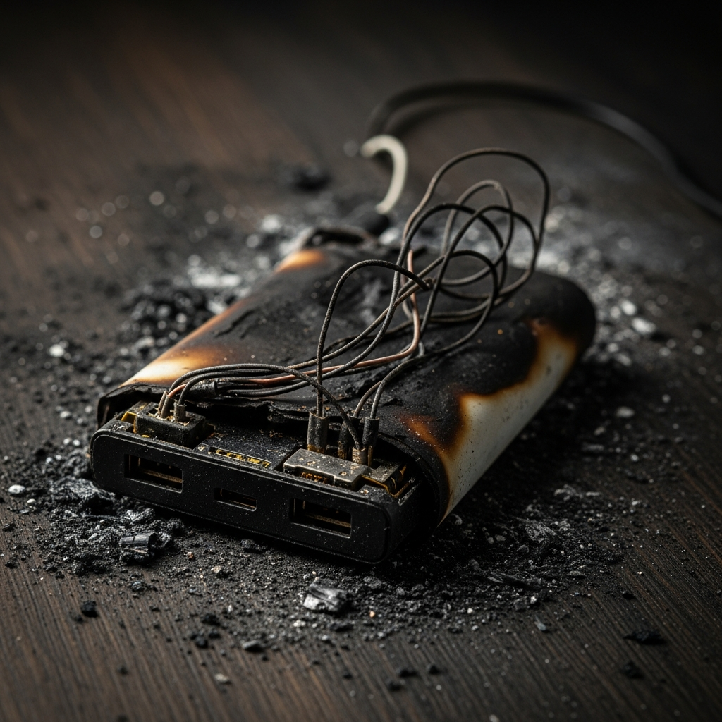 A charred and melted portable power bank with exposed internal wires sitting on a soot-covered wooden table.