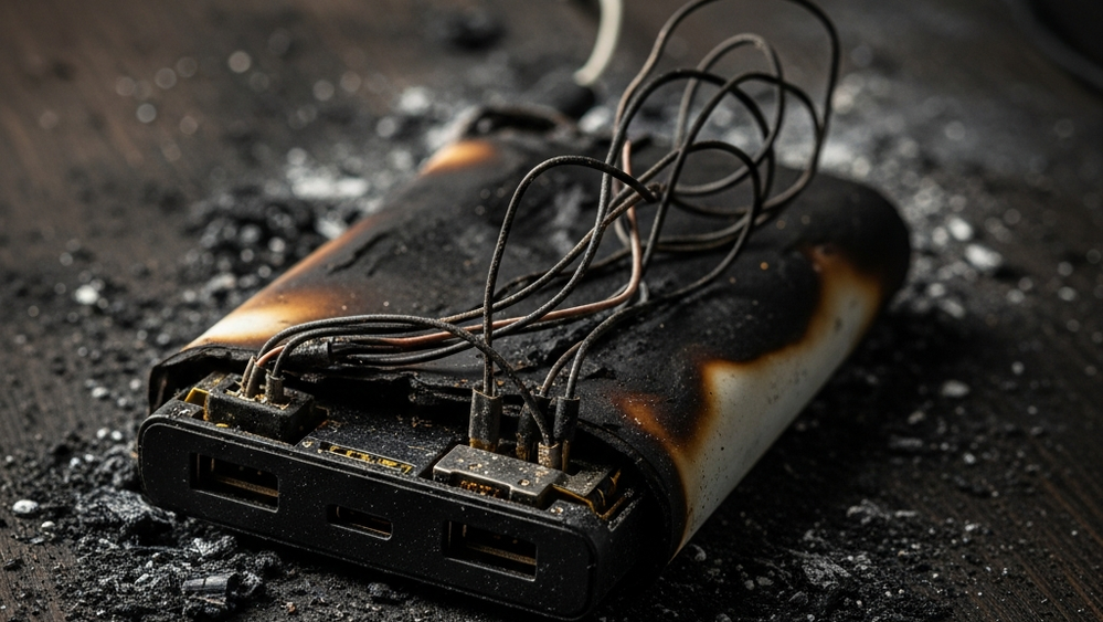 A charred and melted portable power bank with exposed internal wires sitting on a soot-covered wooden table.