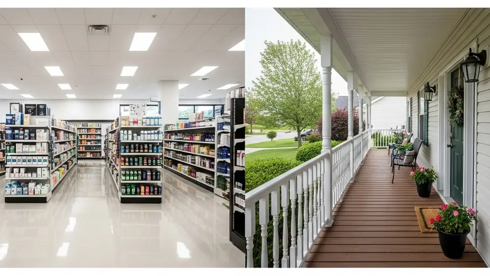 A wide-angle photo of a modern retail store interior with polished floors and high shelving, and a separate view of a suburban wooden porch walkway.
