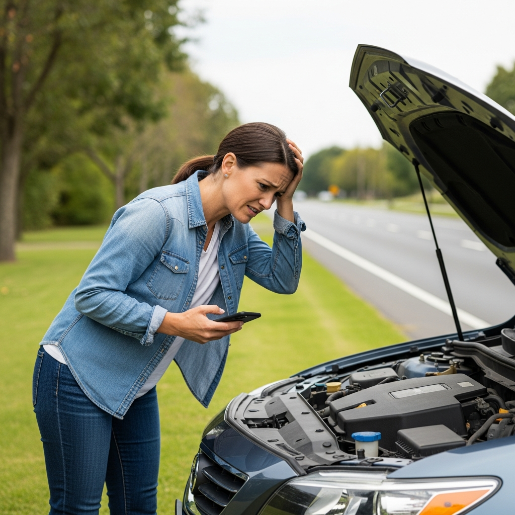 A frustrated person looking under the open hood of a sedan parked on the shoulder of a suburban road while holding a smartphone.