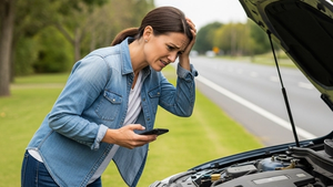 A frustrated person looking under the open hood of a sedan parked on the shoulder of a suburban road while holding a smartphone.