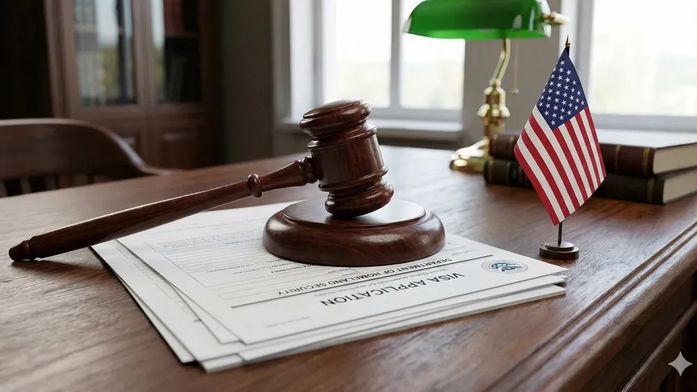 An image of a legal gavel resting on documents next to a miniature United States flag and visa forms.