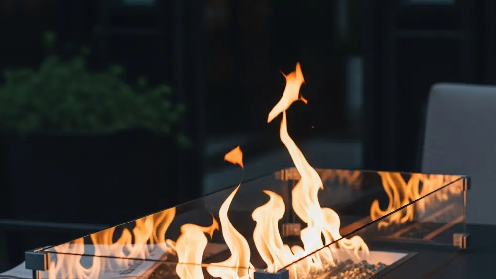 A modern glass-walled tabletop fire pit with tall orange flames dancing inside against a dark, out-of-focus patio setting.
