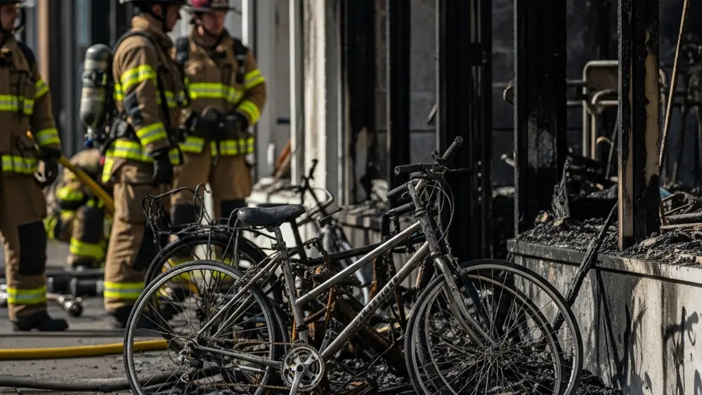 Firefighters working near the charred remains of a bicycle shop with melted metal frames and debris scattered on the sidewalk.