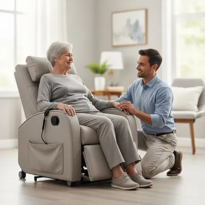 A person sitting in a specialized medical chair while a caregiver provides support in a brightly lit, professional home healthcare setting.