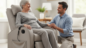 A person sitting in a specialized medical chair while a caregiver provides support in a brightly lit, professional home healthcare setting.