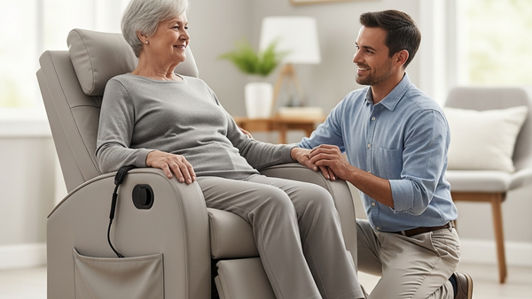 A person sitting in a specialized medical chair while a caregiver provides support in a brightly lit, professional home healthcare setting.