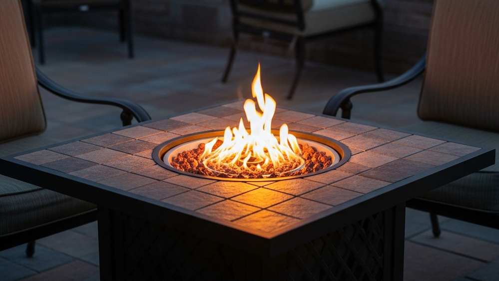 A decorative tabletop fire pit with orange flames sitting on an outdoor stone patio table at dusk, surrounded by comfortable chairs.