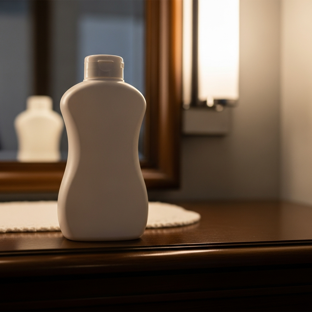 A visually recognizable silhouette of a white plastic bottle of baby powder standing on a dark wooden vanity surface with soft lighting, focused on the product shape without visible text.
