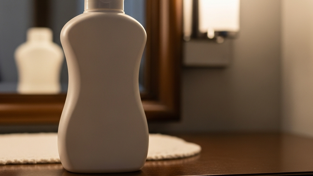 A visually recognizable silhouette of a white plastic bottle of baby powder standing on a dark wooden vanity surface with soft lighting, focused on the product shape without visible text.