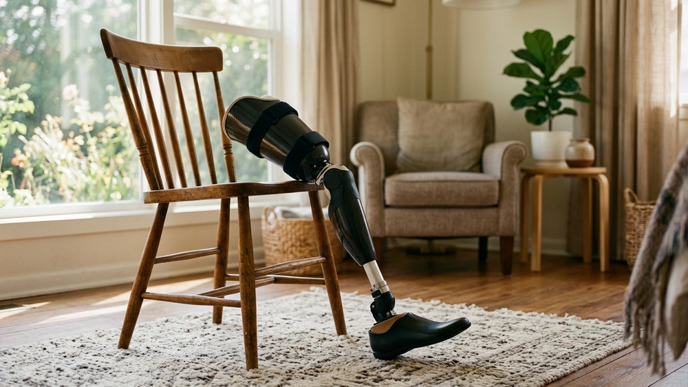 A prosthetic leg resting against a wooden chair in a sunlit room, representing a permanent injury and workers compensation recovery.