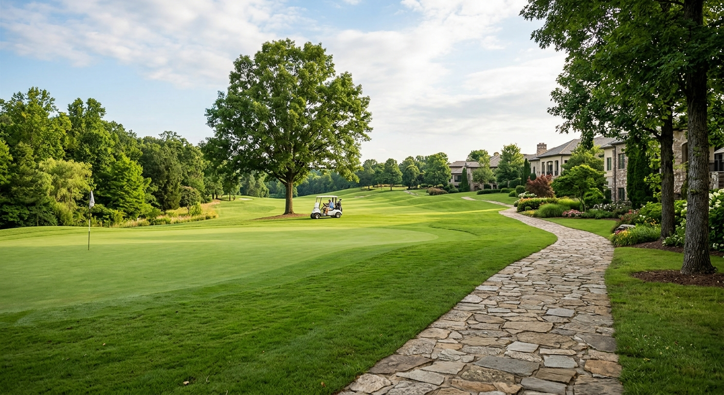 A wide view of a luxury golf resort showing a stone walking path near a manicured green with a white golf cart parked in the distance under a large tree.