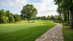 A wide view of a luxury golf resort showing a stone walking path near a manicured green with a white golf cart parked in the distance under a large tree.