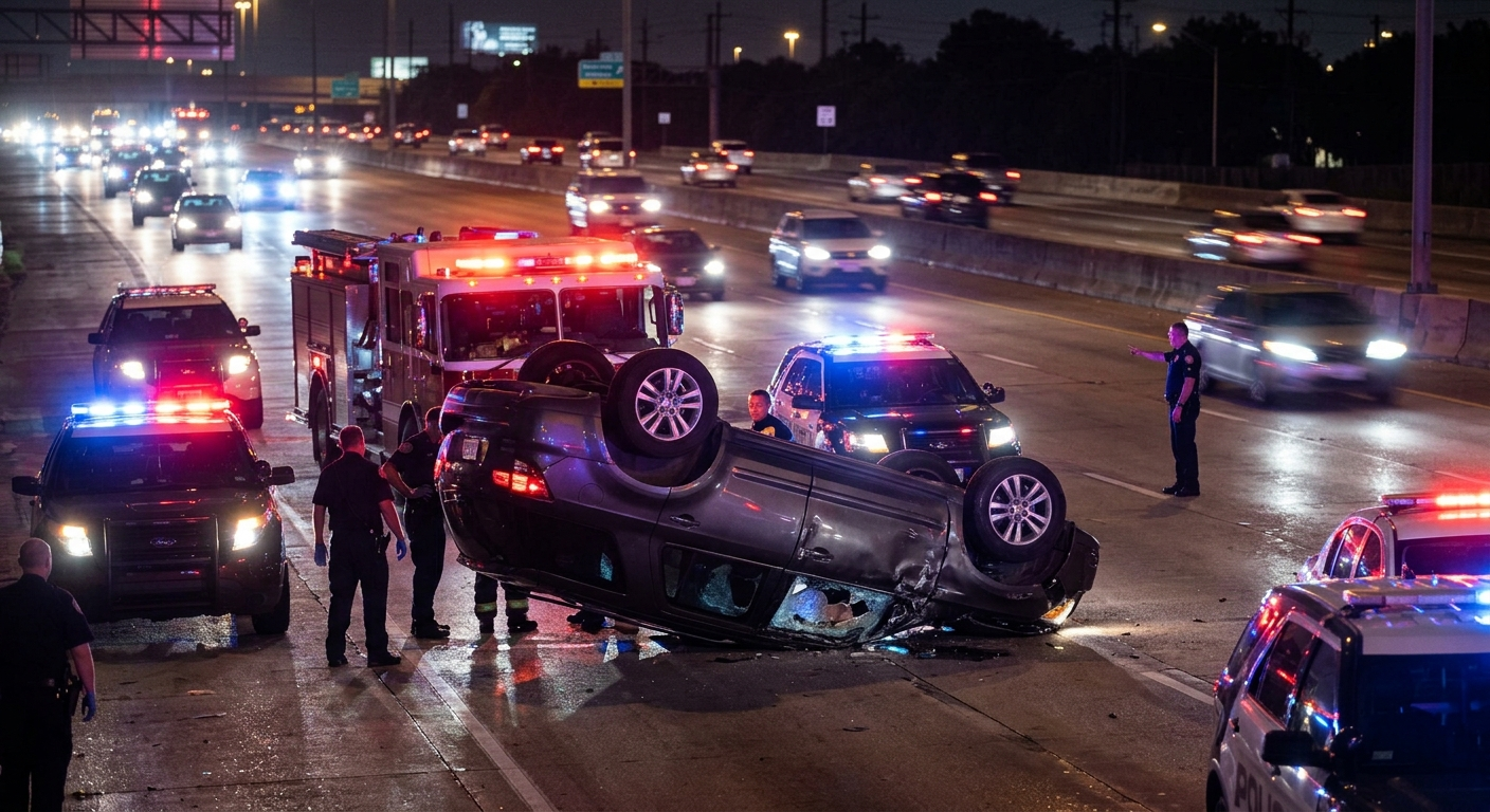 An overturned SUV rests on its roof on a dark Houston highway, surrounded by emergency response vehicles with flashing blue and red lights.
