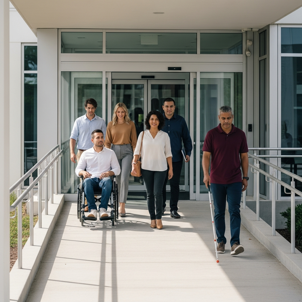 A group of diverse individuals including a person in a wheelchair and a person with a white cane approaching a modern building with a wide ramp and automatic glass doors.