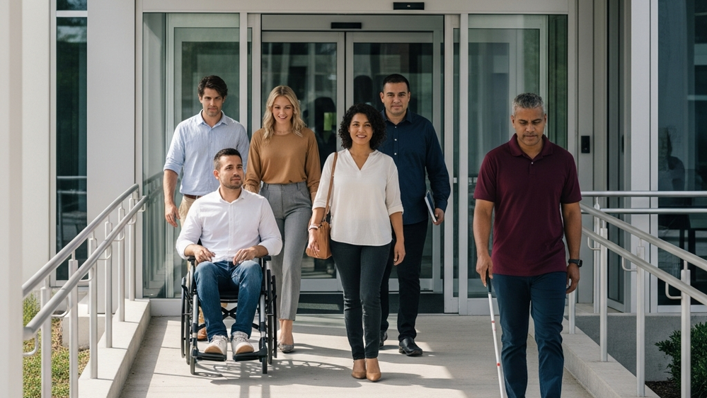 A group of diverse individuals including a person in a wheelchair and a person with a white cane approaching a modern building with a wide ramp and automatic glass doors.