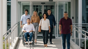 A group of diverse individuals including a person in a wheelchair and a person with a white cane approaching a modern building with a wide ramp and automatic glass doors.