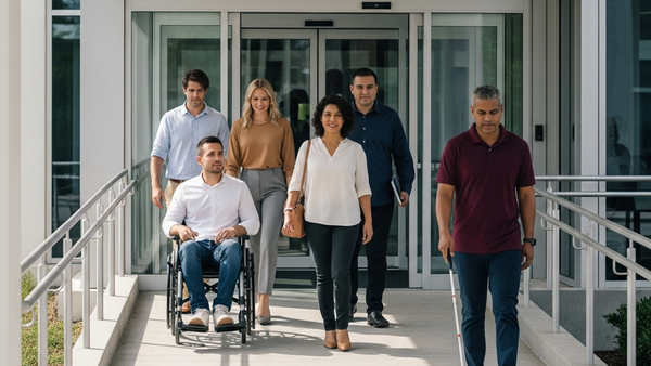 A group of diverse individuals including a person in a wheelchair and a person with a white cane approaching a modern building with a wide ramp and automatic glass doors.