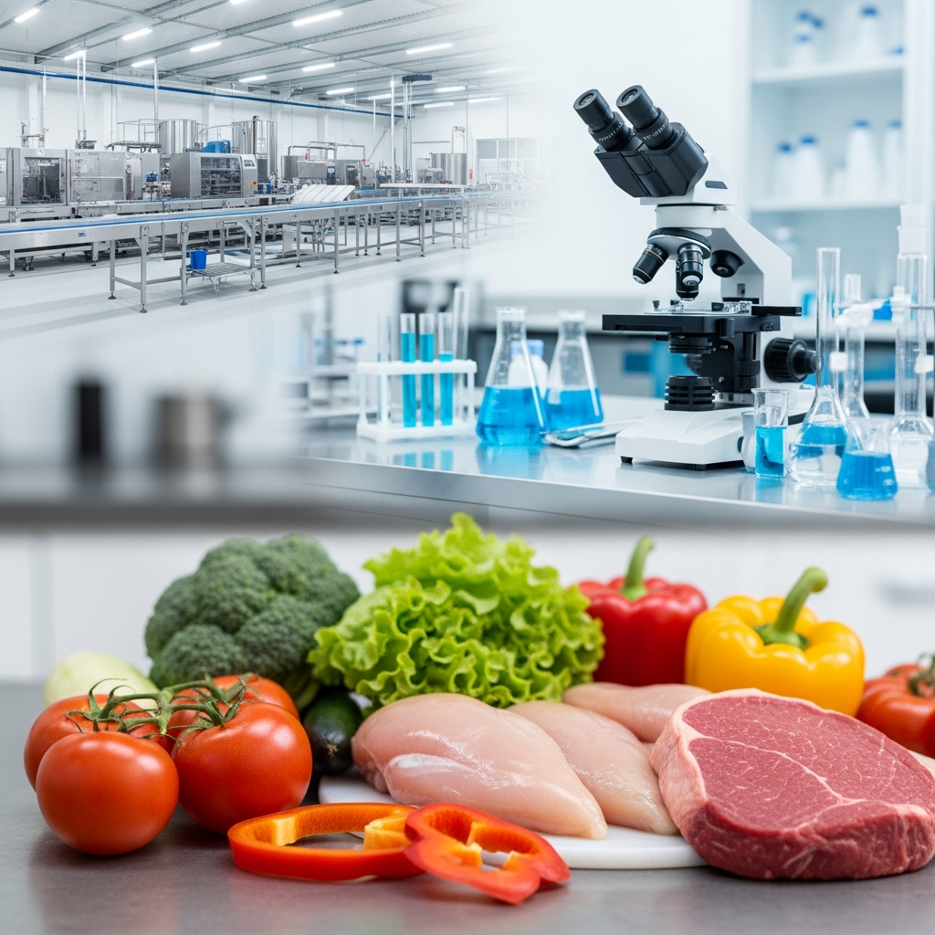 A close-up of a kitchen countertop with fresh vegetables and raw meat, a clinical laboratory setting with a microscope, and a wide view of a modern food processing facility.