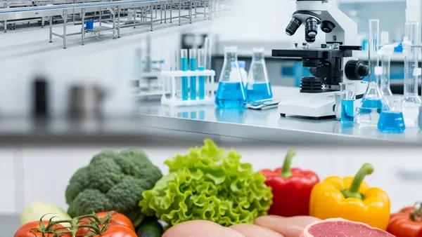 A close-up of a kitchen countertop with fresh vegetables and raw meat, a clinical laboratory setting with a microscope, and a wide view of a modern food processing facility.