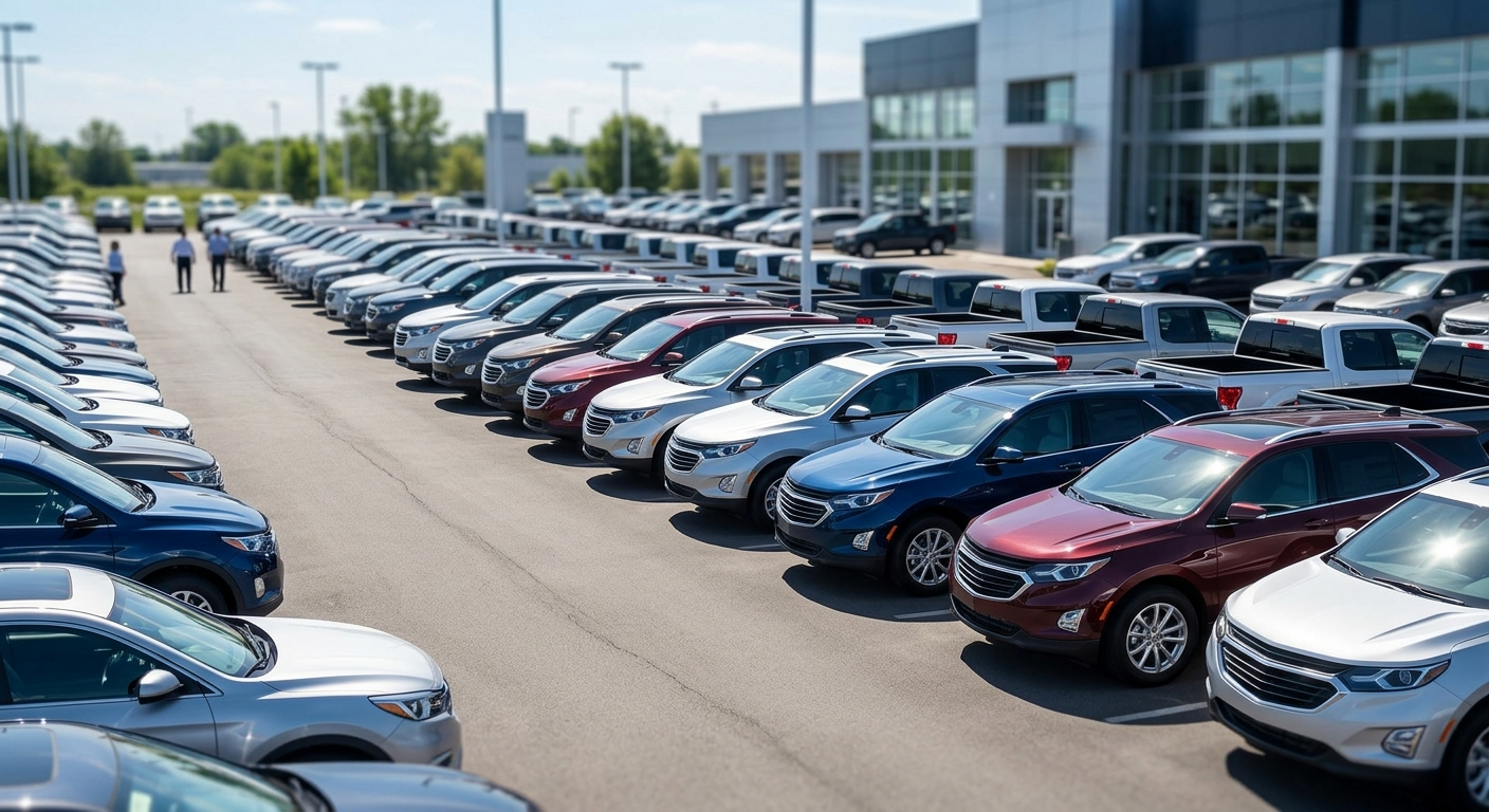 A view of a modern automotive dealership lot filled with various sport utility vehicles and pickup trucks under a bright sun, focusing on the polished hoods and rows of vehicles without showing logos or text.